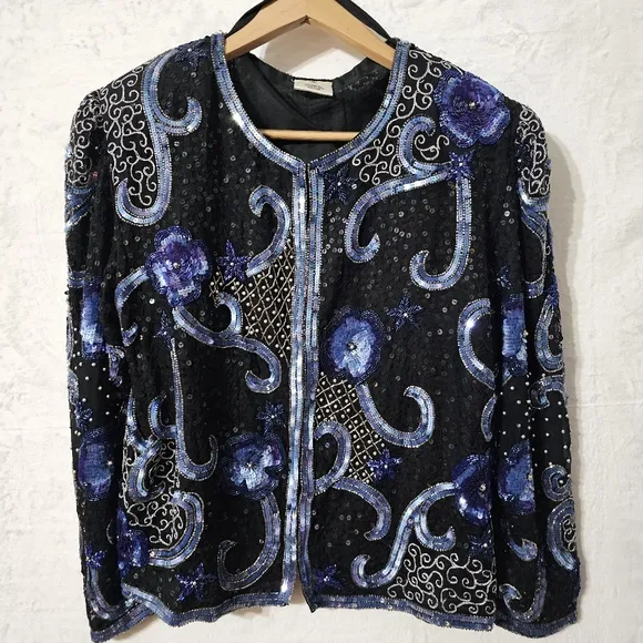 100% Silk Vintage 90s Scala Sequin Beaded Cropped Jacket Woman's M Old Money