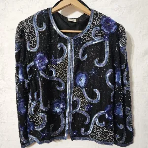 100% Silk Vintage 90s Scala Sequin Beaded Cropped Jacket Woman's M Old Money