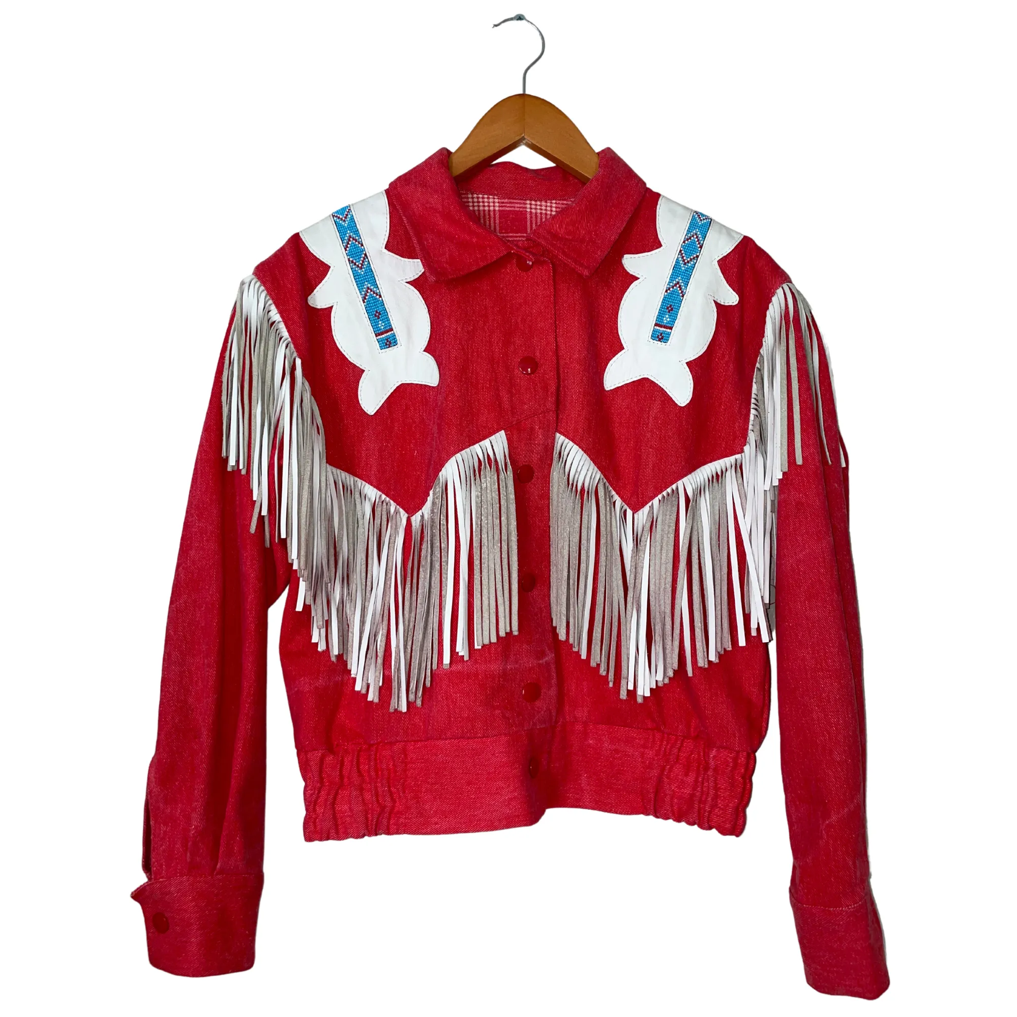 1980's Western Red Denim Jacket With Leather Accents