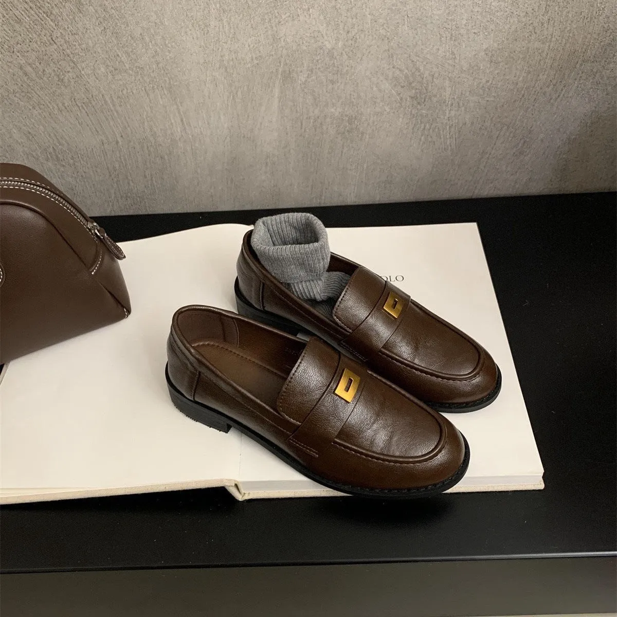2025  Small brown leather shoes women's British style spring and autumn new retro round head college style commuting thick heel one pedal loafers