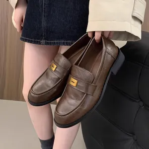 2025  Small brown leather shoes women's British style spring and autumn new retro round head college style commuting thick heel one pedal loafers