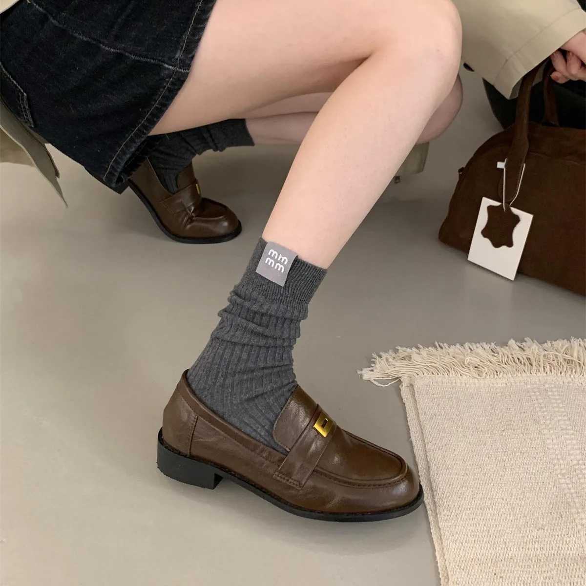 2025  Small brown leather shoes women's British style spring and autumn new retro round head college style commuting thick heel one pedal loafers