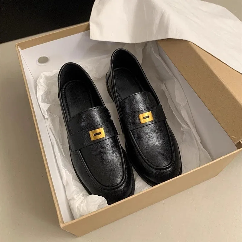 2025  Small brown leather shoes women's British style spring and autumn new retro round head college style commuting thick heel one pedal loafers