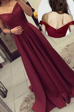A-Line Burgundy Off-The-Shoulder Long Prom Dresses, Evening Dresses YZ211056