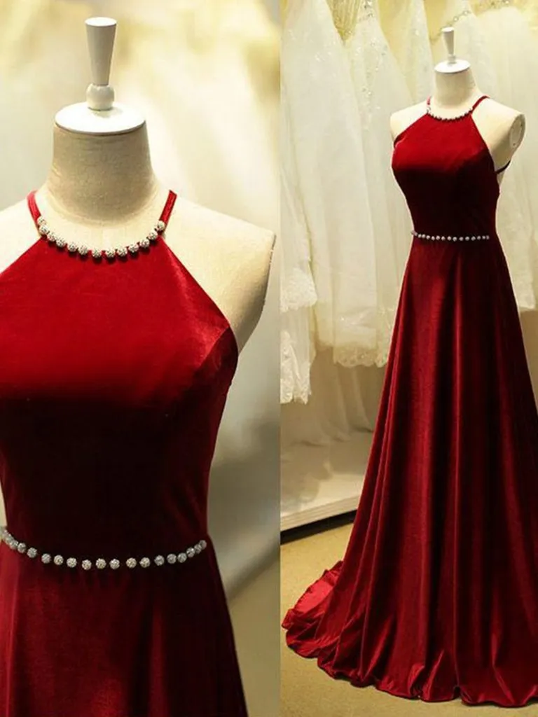 A-Line Halter Sleeveless Cross Back Velvet Long Red Gown, Red Formal Dress