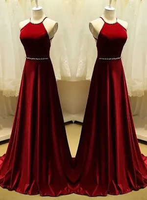 A-Line Halter Sleeveless Cross Back Velvet Long Red Gown, Red Formal Dress