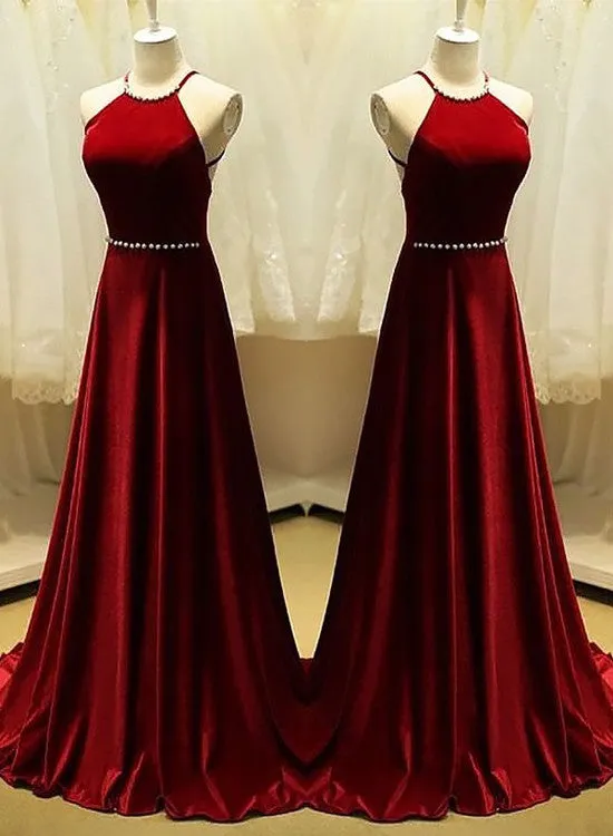 A-Line Halter Sleeveless Cross Back Velvet Long Red Gown, Red Formal Dress