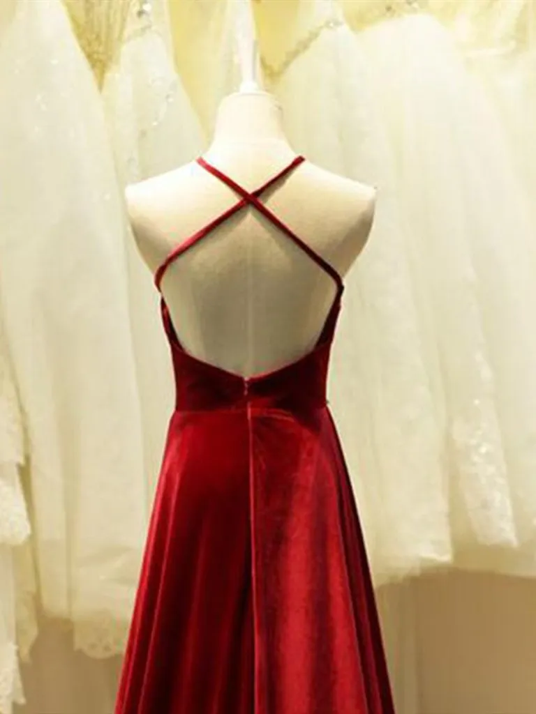 A-Line Halter Sleeveless Cross Back Velvet Long Red Gown, Red Formal Dress