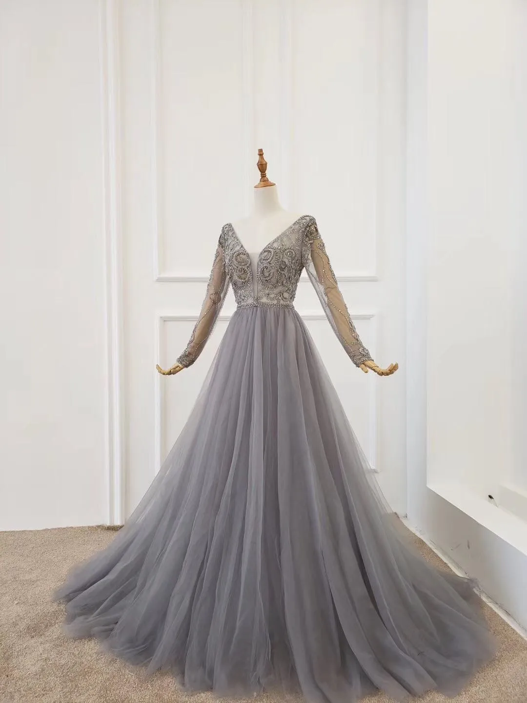 A-line Long Sleeves V Neck Grey Beading Prom Dress OKS91