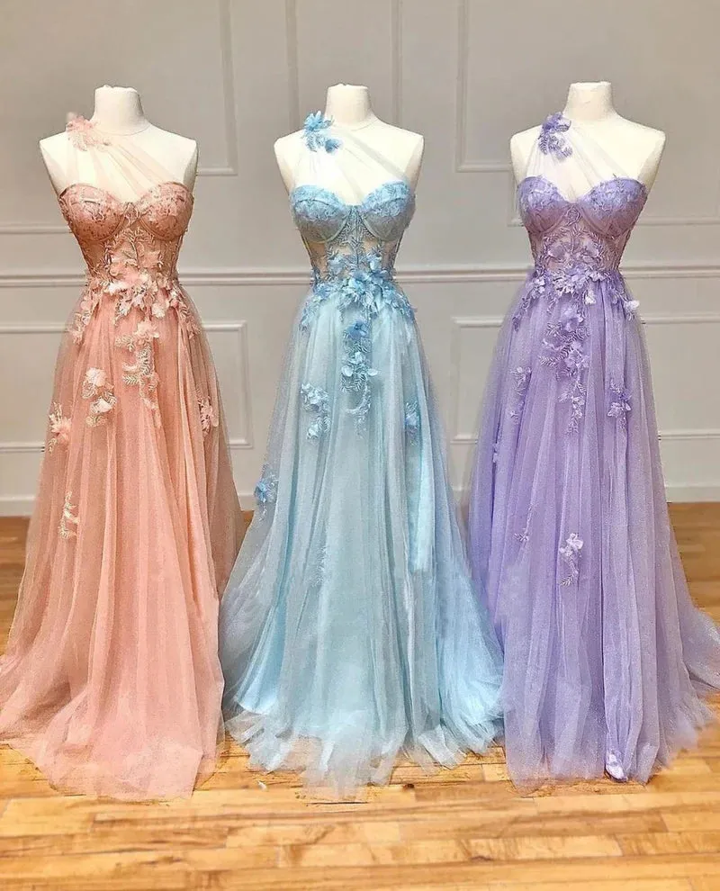A-Line One Shoulder Black 3D Lace Appliques  Long Prom Dress  PSK444