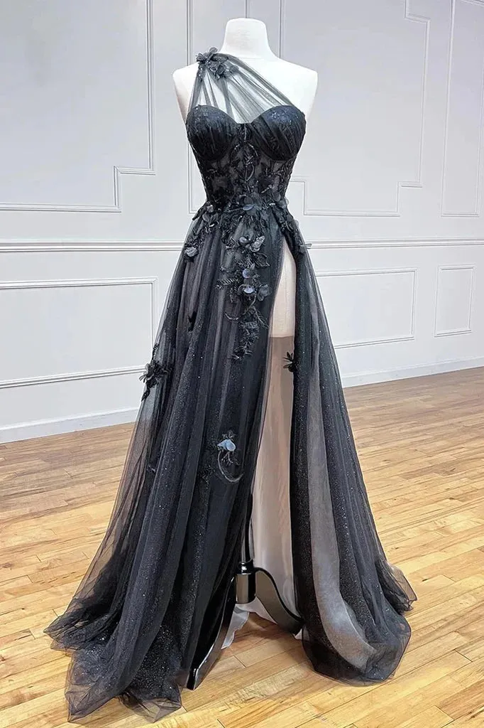 A-Line One Shoulder Black 3D Lace Appliques  Long Prom Dress  PSK444