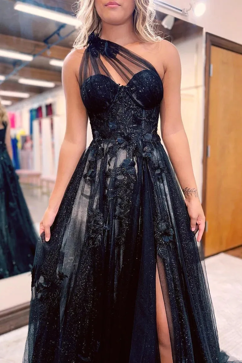 A-Line One Shoulder Black 3D Lace Appliques  Long Prom Dress  PSK444