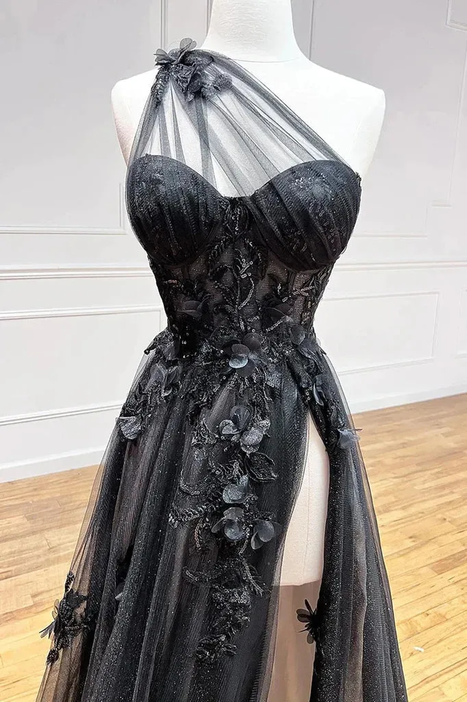 A-Line One Shoulder Black 3D Lace Appliques  Long Prom Dress  PSK444