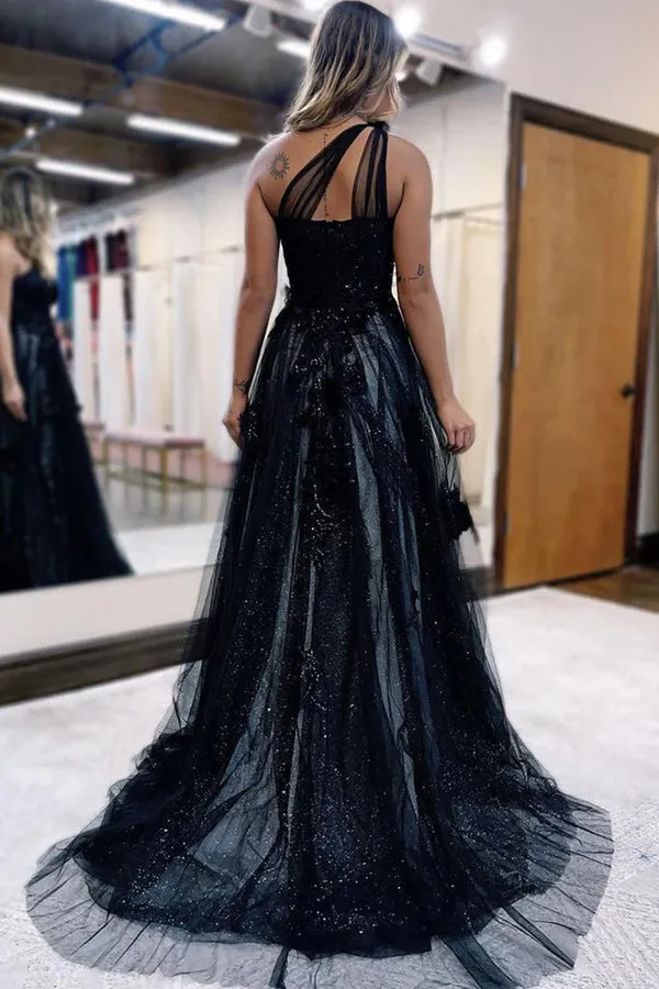 A-Line One Shoulder Black 3D Lace Appliques  Long Prom Dress  PSK444