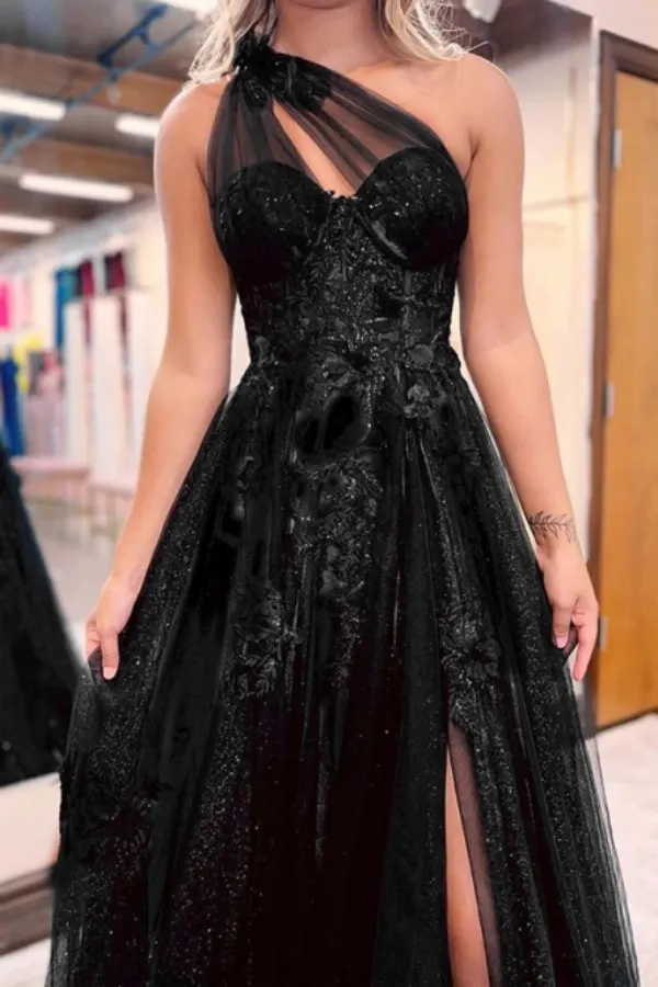 A Line Princess Tulle Applique One Shoulder Sleeveless Sweep Brush Train Dresses APP0798