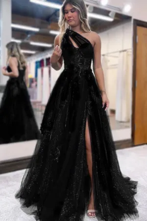 A Line Princess Tulle Applique One Shoulder Sleeveless Sweep Brush Train Dresses APP0798
