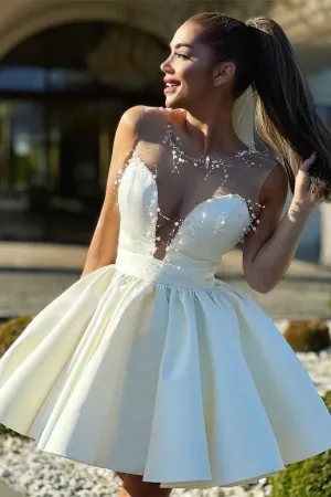 A line Sheer Neck Short Prom Dress with Pearls APH0210