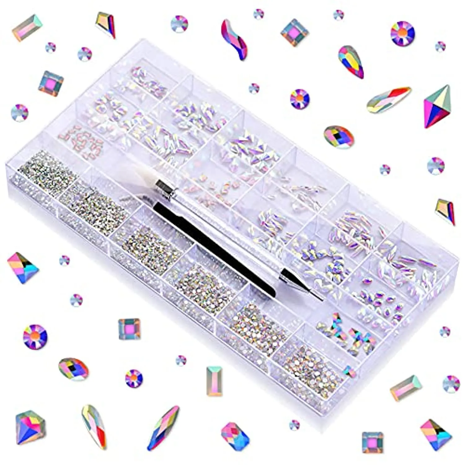 Aimmark Nail Rhinestones Kit, Multi-Shaped Glass Gems for Nails 3,920 Pcs, Crystal AB Nail Jewels, Flatback Rhinestones with Dual-ended Rhinestone Picker, Tweezers for Nail Decoration, DIY Crafts