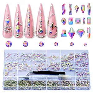 Aimmark Nail Rhinestones Kit, Multi-Shaped Glass Gems for Nails 3,920 Pcs, Crystal AB Nail Jewels, Flatback Rhinestones with Dual-ended Rhinestone Picker, Tweezers for Nail Decoration, DIY Crafts