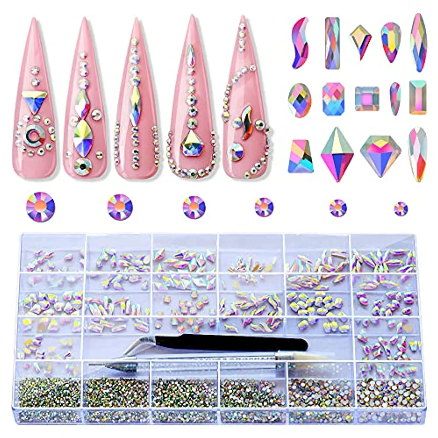 Aimmark Nail Rhinestones Kit, Multi-Shaped Glass Gems for Nails 3,920 Pcs, Crystal AB Nail Jewels, Flatback Rhinestones with Dual-ended Rhinestone Picker, Tweezers for Nail Decoration, DIY Crafts