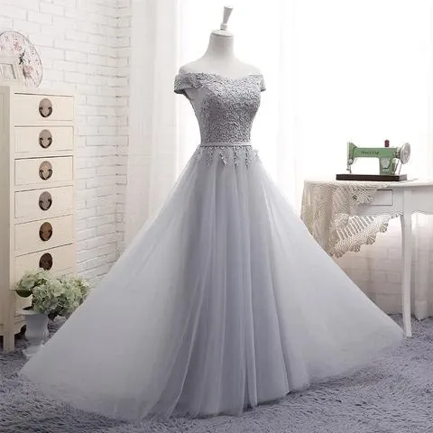 Anneprom A-Line Gray Off The Shoulder Tulle Lace-Up Sweetheart Prom Dress APP0244