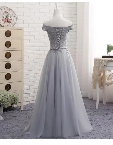 Anneprom A-Line Gray Off The Shoulder Tulle Lace-Up Sweetheart Prom Dress APP0244