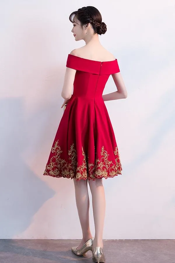 Anneprom A-Line Off The Shoulder Red Homecoming Dresses With Lace Applique APH0024