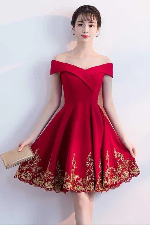 Anneprom A-Line Off The Shoulder Red Homecoming Dresses With Lace Applique APH0024