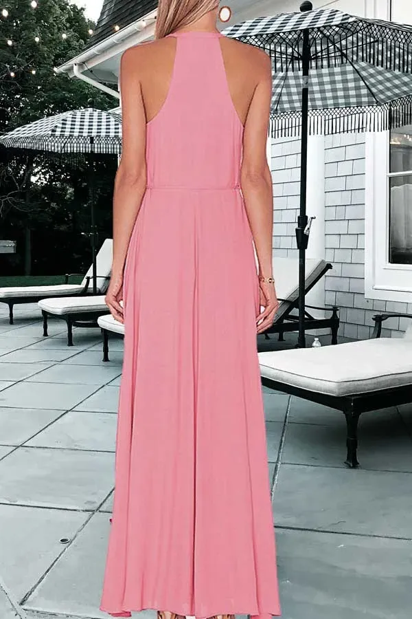 Anneprom A-Line Round Neck Floor-Length Keyhole Pink Prom Dress With Split APP0179