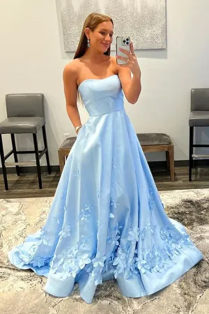 Anneprom A line Strapless Sky Blue Floral Long Prom Dresses Formal Dresses APP0621