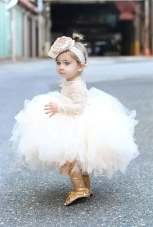Anneprom Cute Ball Gown Lace Knee-length Flower Girl Dresses With Long Sleeve AFL0001