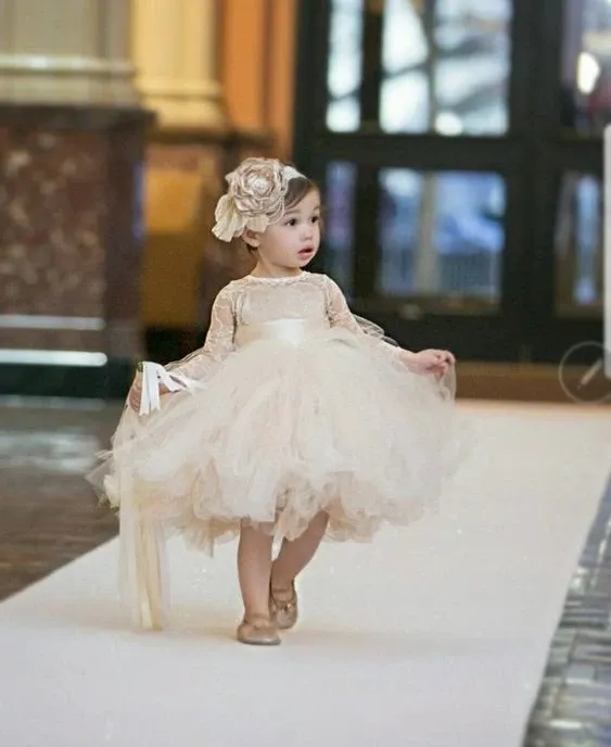 Anneprom Cute Ball Gown Lace Knee-length Flower Girl Dresses With Long Sleeve AFL0001