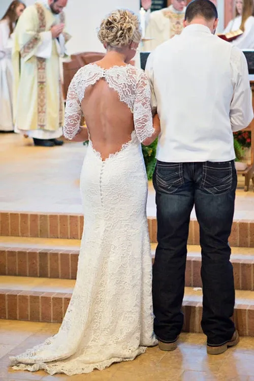 Anneprom Mermaid Scoop Open Back Long Sleeves Wedding Dresses With Appliques APW0013