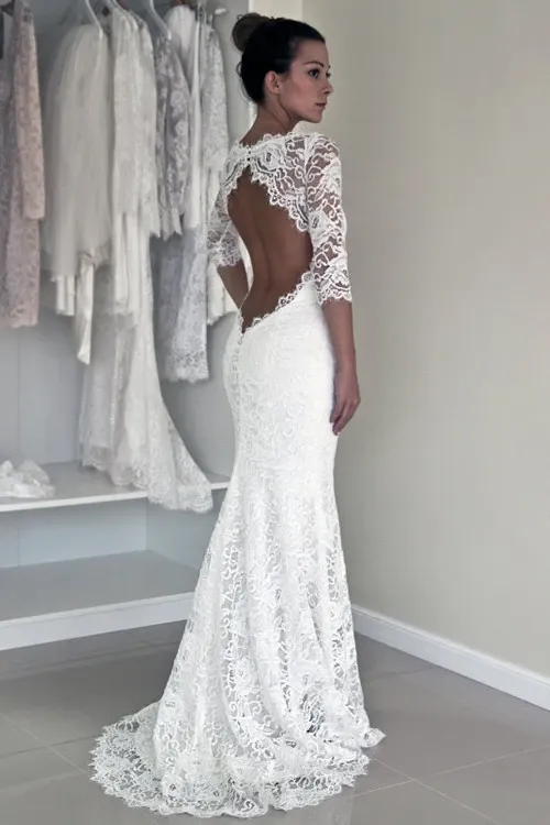 Anneprom Mermaid Scoop Open Back Long Sleeves Wedding Dresses With Appliques APW0013