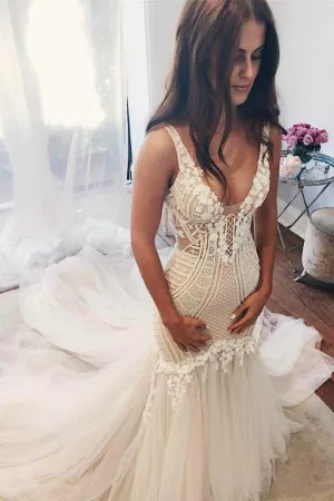 Anneprom Modest Mermaid Ivory Sexy Sleeveless Lace Wedding Dresses APW0241