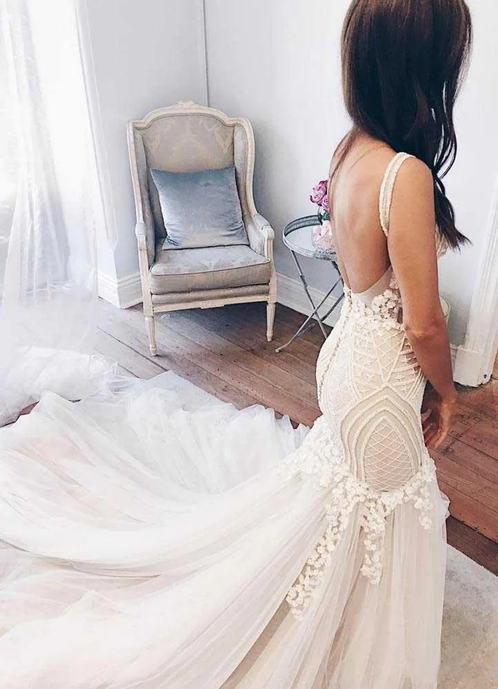 Anneprom Modest Mermaid Ivory Sexy Sleeveless Lace Wedding Dresses APW0241