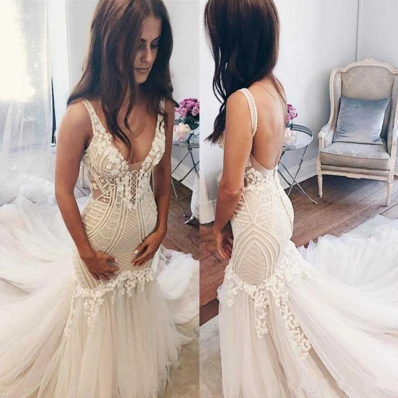 Anneprom Modest Mermaid Ivory Sexy Sleeveless Lace Wedding Dresses APW0241