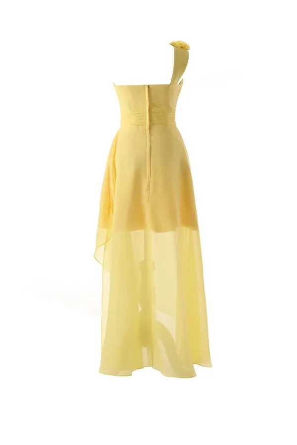 Anneprom One Shoulder Floor Length Chiffon Yellow Bridesmaid Dress With Flower APB0050