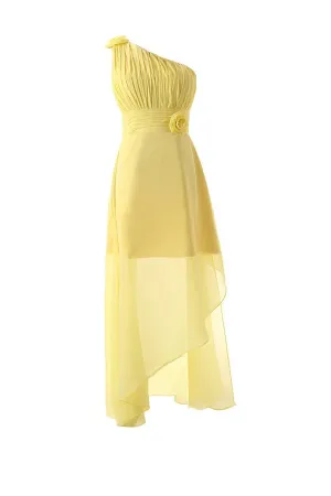 Anneprom One Shoulder Floor Length Chiffon Yellow Bridesmaid Dress With Flower APB0050
