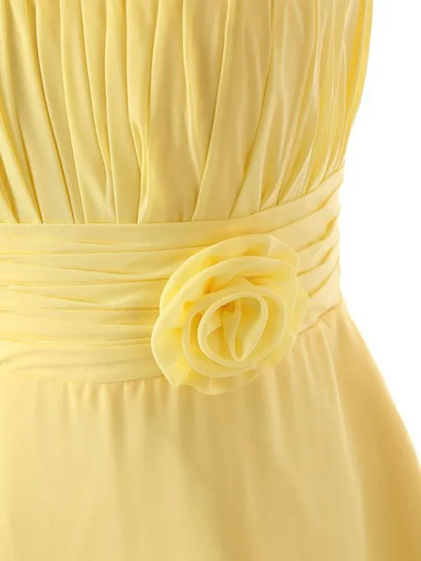 Anneprom One Shoulder Floor Length Chiffon Yellow Bridesmaid Dress With Flower APB0050