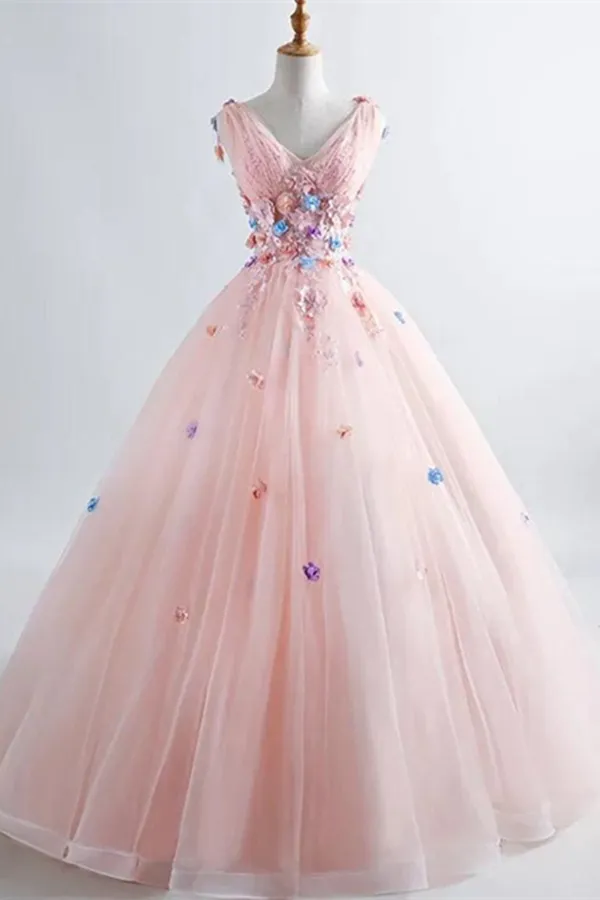 Anneprom Pink Princess Blush Ball Gown 3D Floral Applique V Neck Boho Prom Quinceanera Dress APP0570