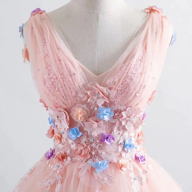 Anneprom Pink Princess Blush Ball Gown 3D Floral Applique V Neck Boho Prom Quinceanera Dress APP0570