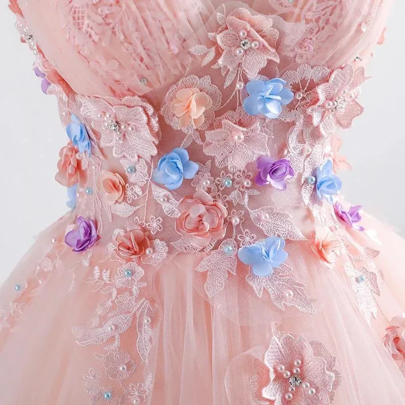 Anneprom Pink Princess Blush Ball Gown 3D Floral Applique V Neck Boho Prom Quinceanera Dress APP0570