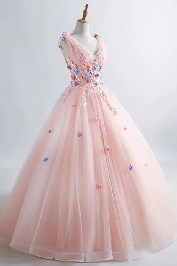 Anneprom Pink Princess Blush Ball Gown 3D Floral Applique V Neck Boho Prom Quinceanera Dress APP0570