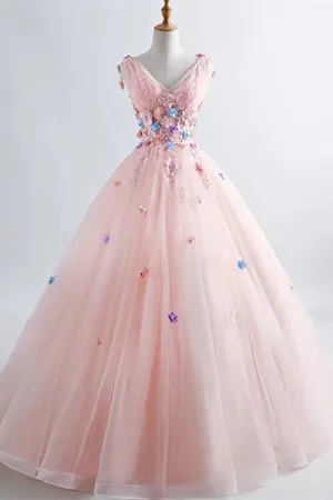 Anneprom Pink Princess Blush Ball Gown 3D Floral Applique V Neck Boho Prom Quinceanera Dress APP0570
