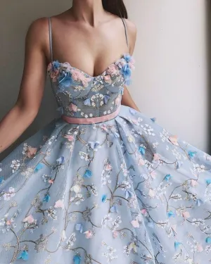 Anneprom Spaghetti Strap Flower Applique Sky Blue Prom Dresses Evening Dresses APP0311