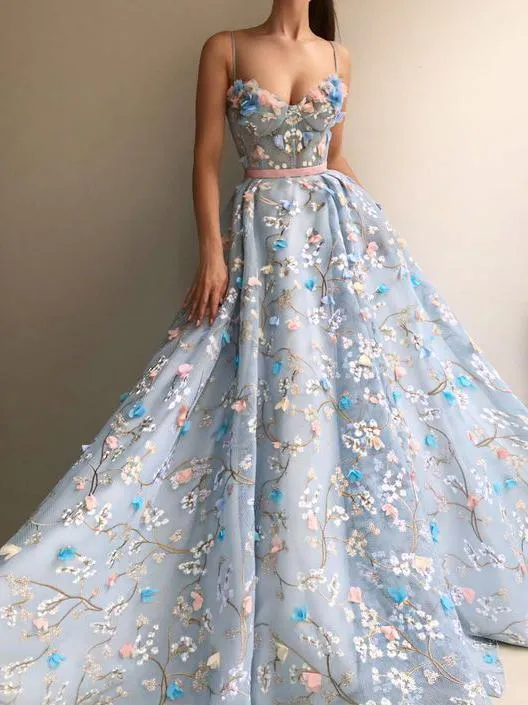 Anneprom Spaghetti Strap Flower Applique Sky Blue Prom Dresses Evening Dresses APP0311
