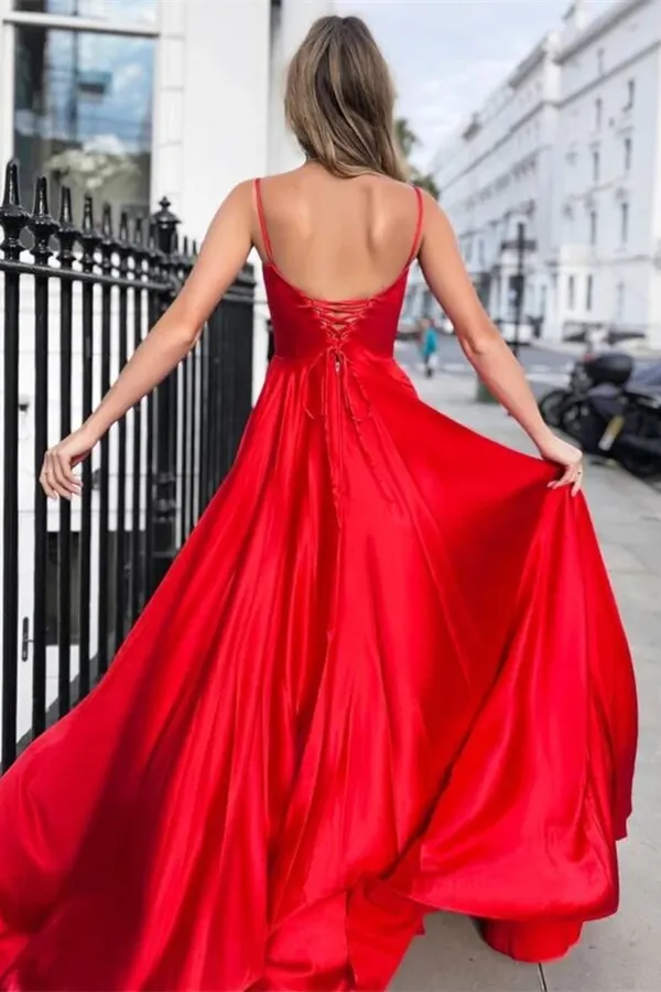 Anneprom Spaghetti Straps Red A line Long Prom Dresses For Teens APP0510