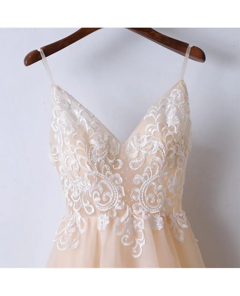 Anneprom V Neck Lace Tulle Long Prom/Evening Dress With Spaghetti Straps APP0322