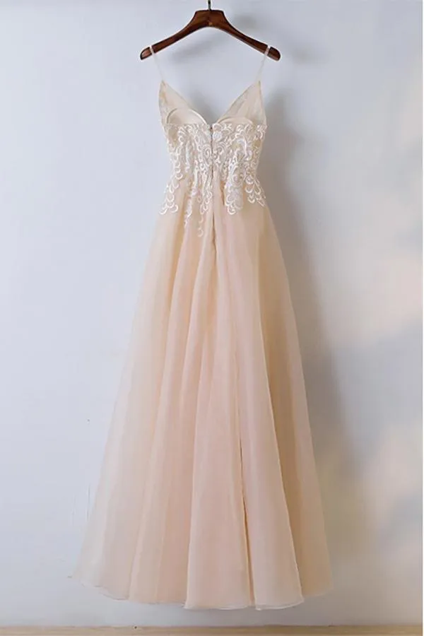 Anneprom V Neck Lace Tulle Long Prom/Evening Dress With Spaghetti Straps APP0322